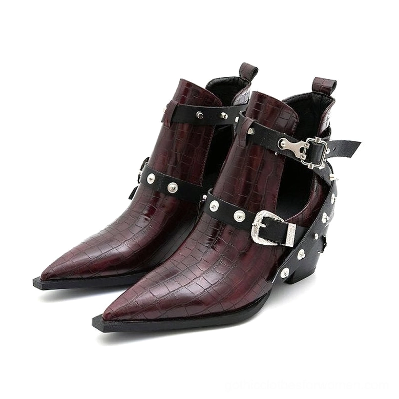 Dark burgundy pointed toe gothic ankle boots with crocodile grain texture and metal hardware side display