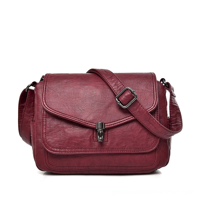 Burgundy red gothic leather handbag with twist-lock, soft crossbody shoulder bag
