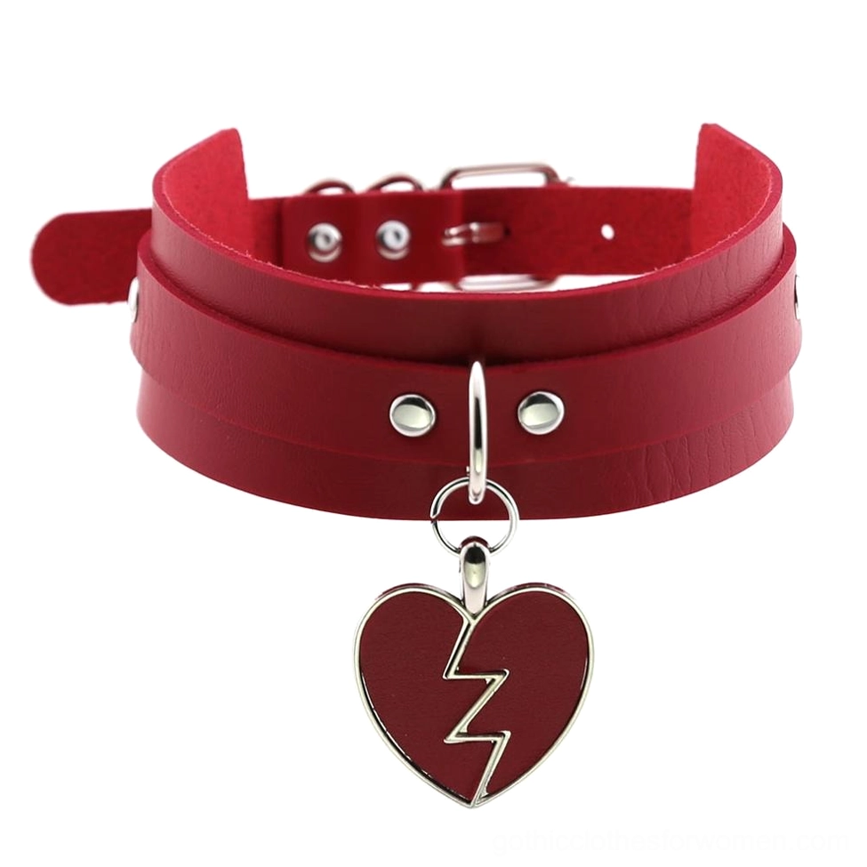 Burgundy red double-layer leather choker with burgundy fractured heart lightning pendant