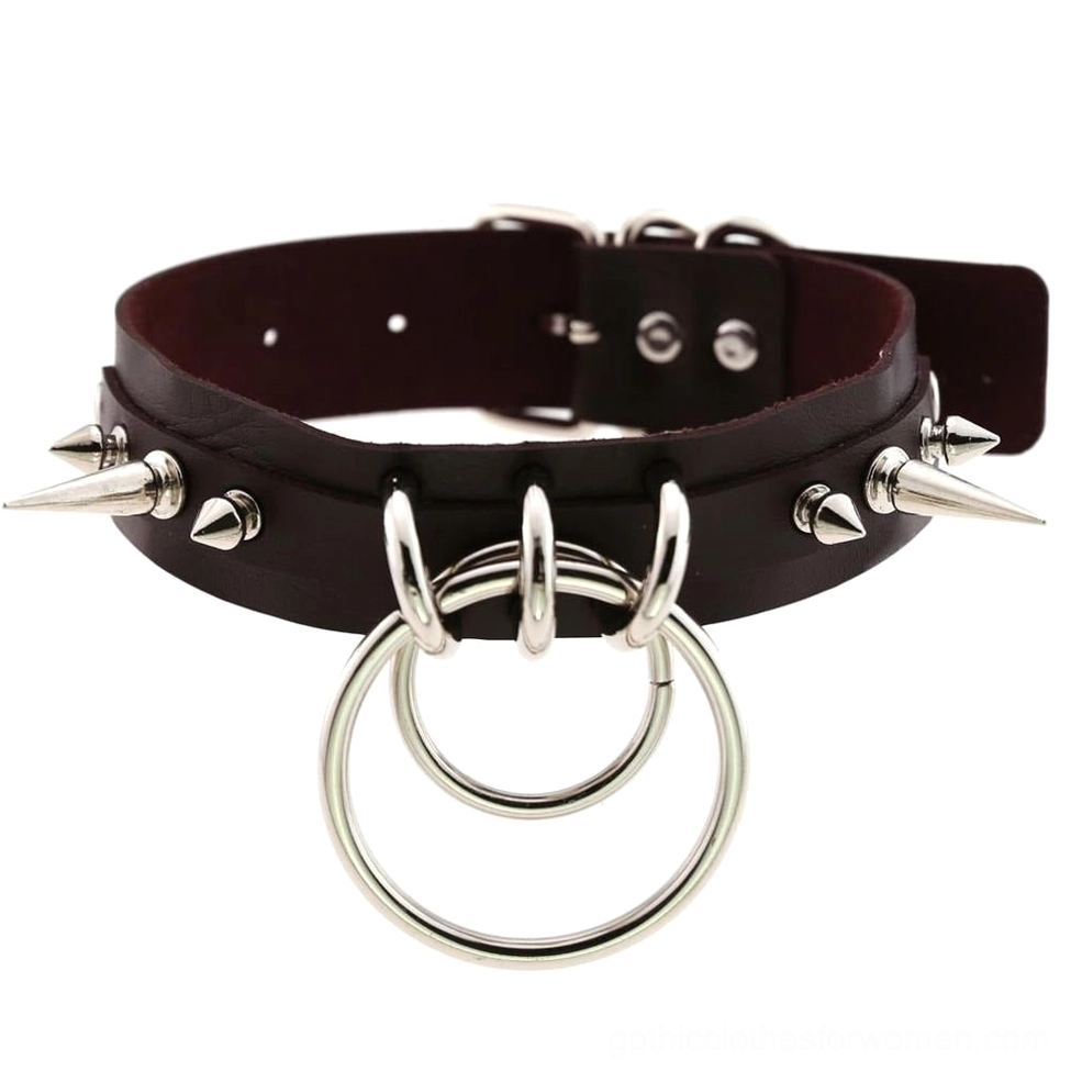 Burgundy maroon spiked leather gothic choker with double O-rings, silver metal spikes, and adjustable PU leather strap
