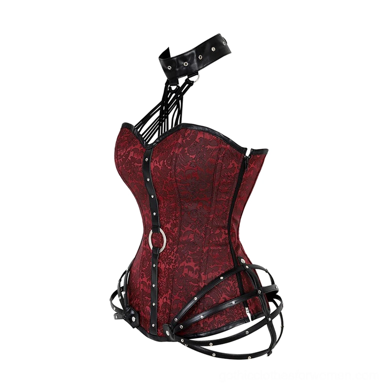 Burgundy gothic corset with single shoulder strap, lattice neckline, and studded leather cage trim, three-quarter left view