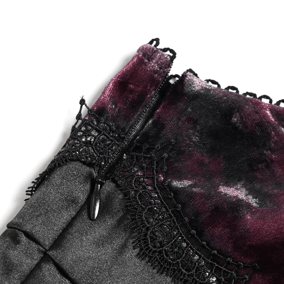 Black burgundy gothic tie-dye lace-up mermaid dress on form showing complete silhouette with flared hem and fitted bodice