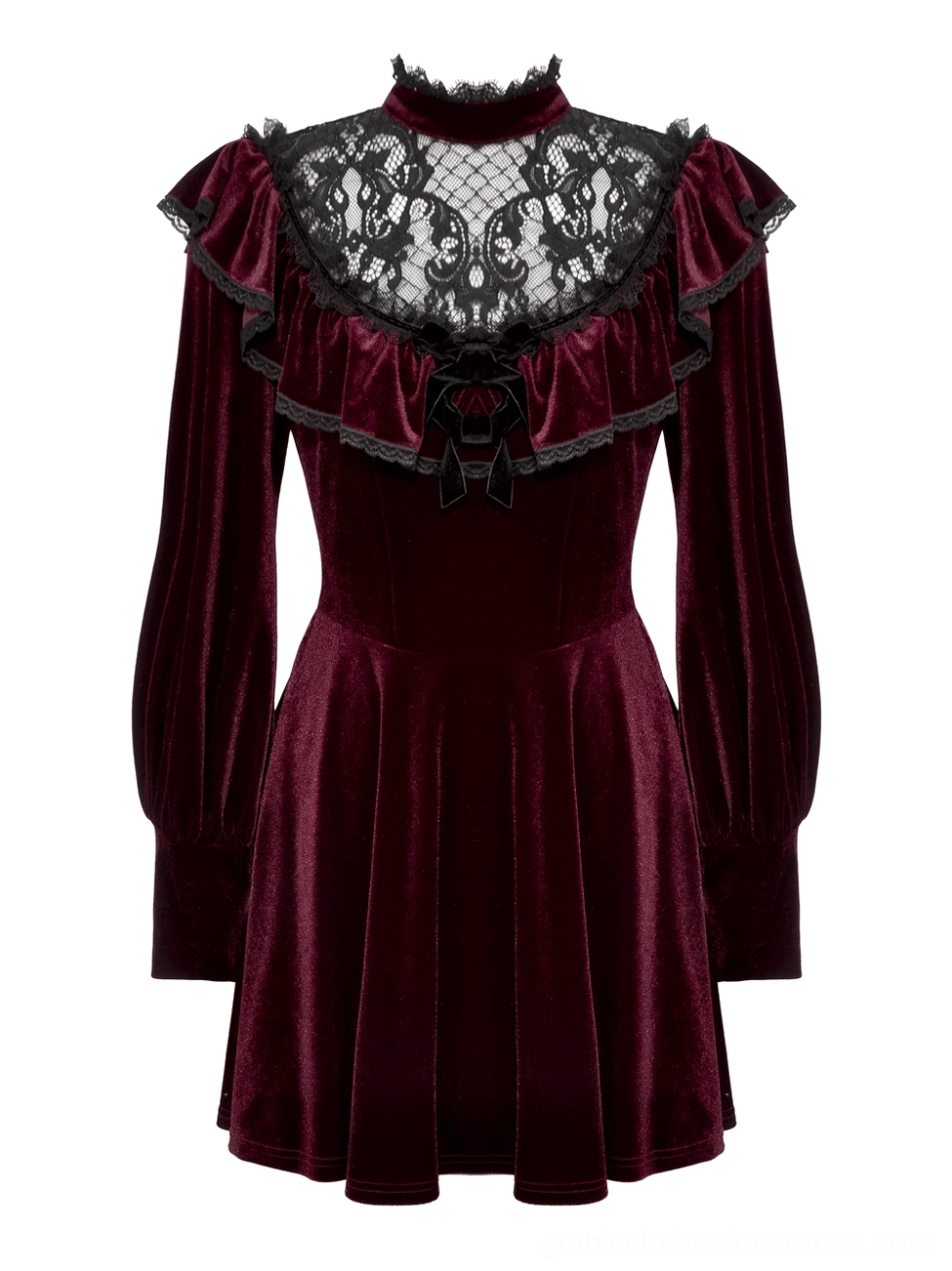 Burgundy velvet gothic mini dress with black lace yoke - front flat lay view