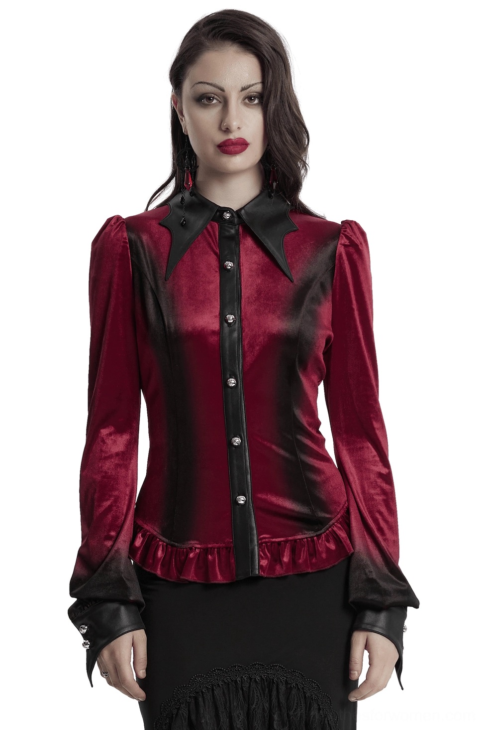 Burgundy velvet Gothic blouse front view featuring dramatic batwing collar and ruffled hem worn by model