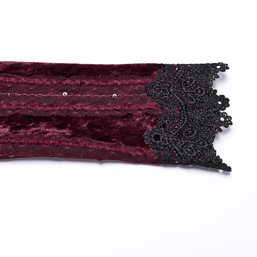Detailed view of burgundy striped velvet texture and construction of gothic blouse with focus on fabric quality and velvet pile