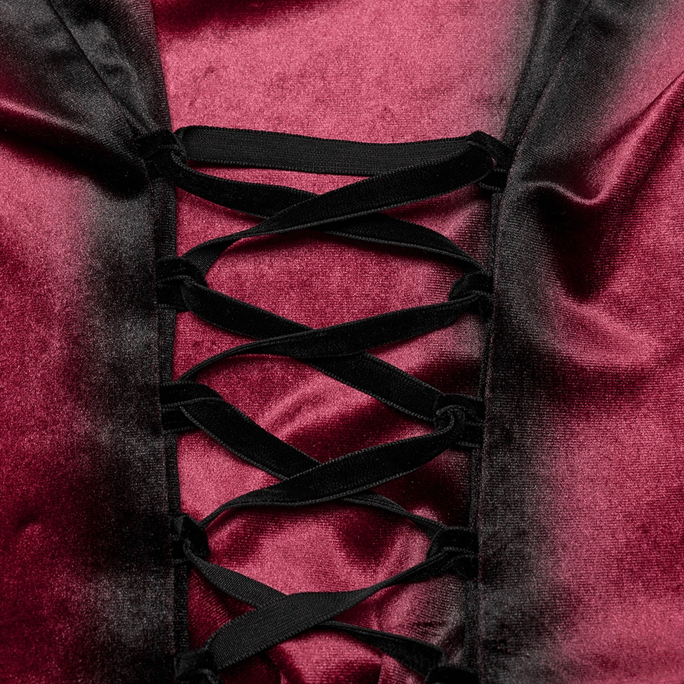 Full length front view of burgundy velvet Gothic blouse displaying batwing collar and silhouette