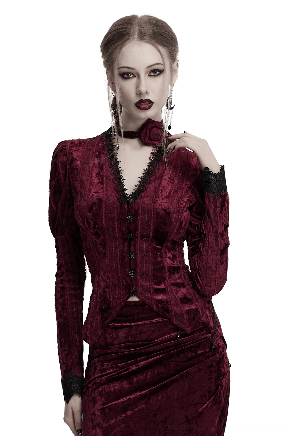 Burgundy velvet gothic blouse with dramatic gigot sleeves, black lace trim neckline, and rose buckle accents worn by model against white background - front upper body view