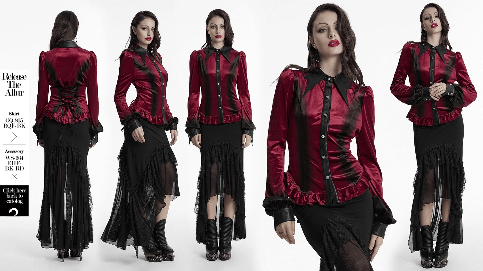 Burgundy velvet Gothic blouse full length side profile showcasing dramatic batwing sleeves and hem ruffle