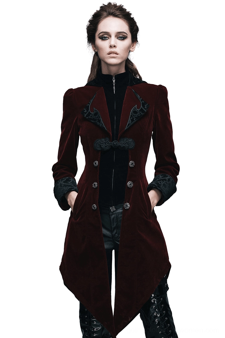 Burgundy velvet gothic coat front view on model - steampunk embroidery details and fitted silhouette
