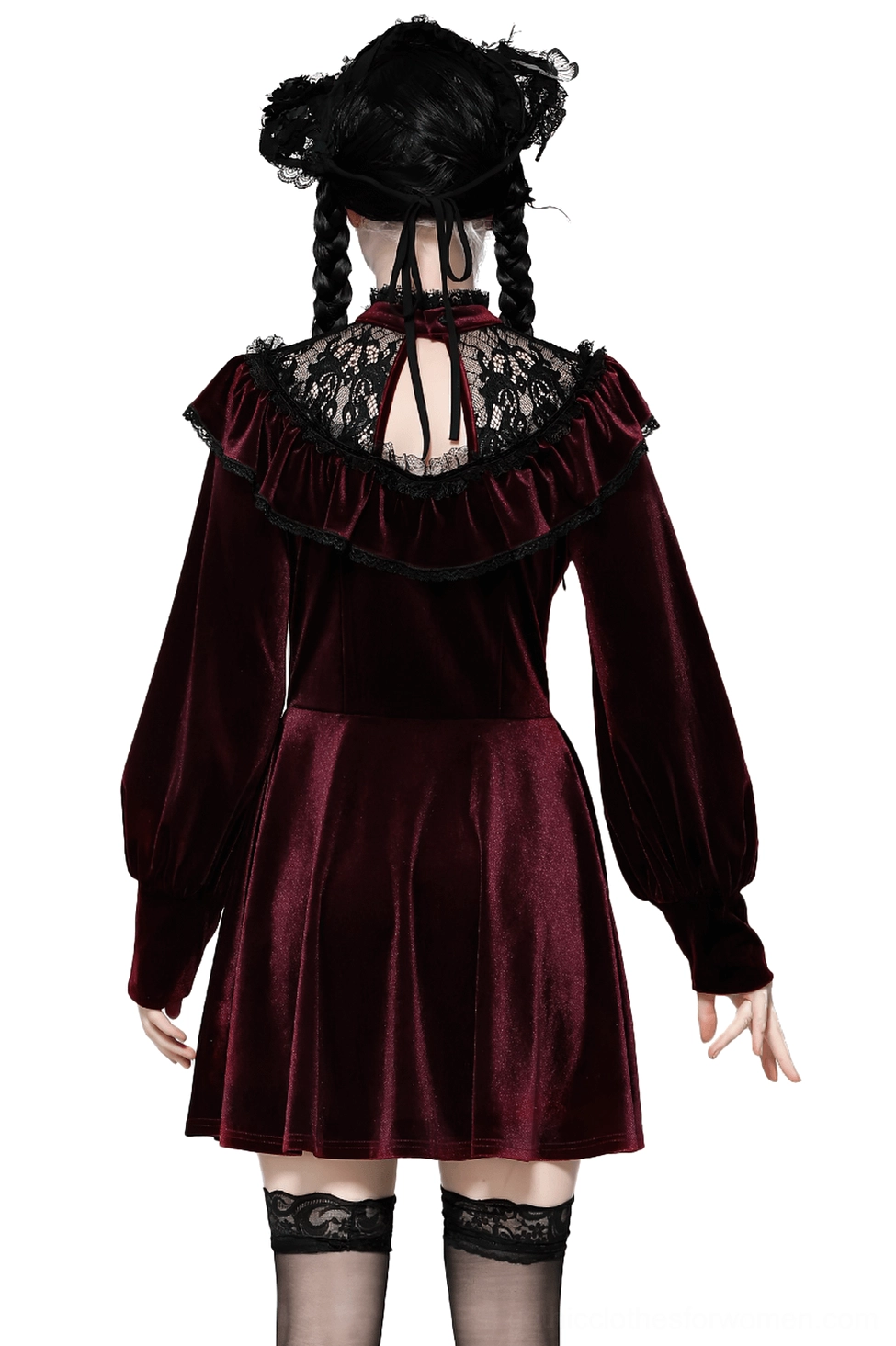 Burgundy velvet gothic mini dress with open-back black lace yoke - back view on model