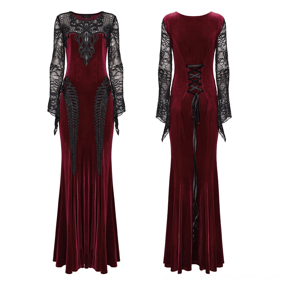 Front flat lay of burgundy velvet gothic mermaid dress displaying embroidered lace bodice and form-fitting silhouette
