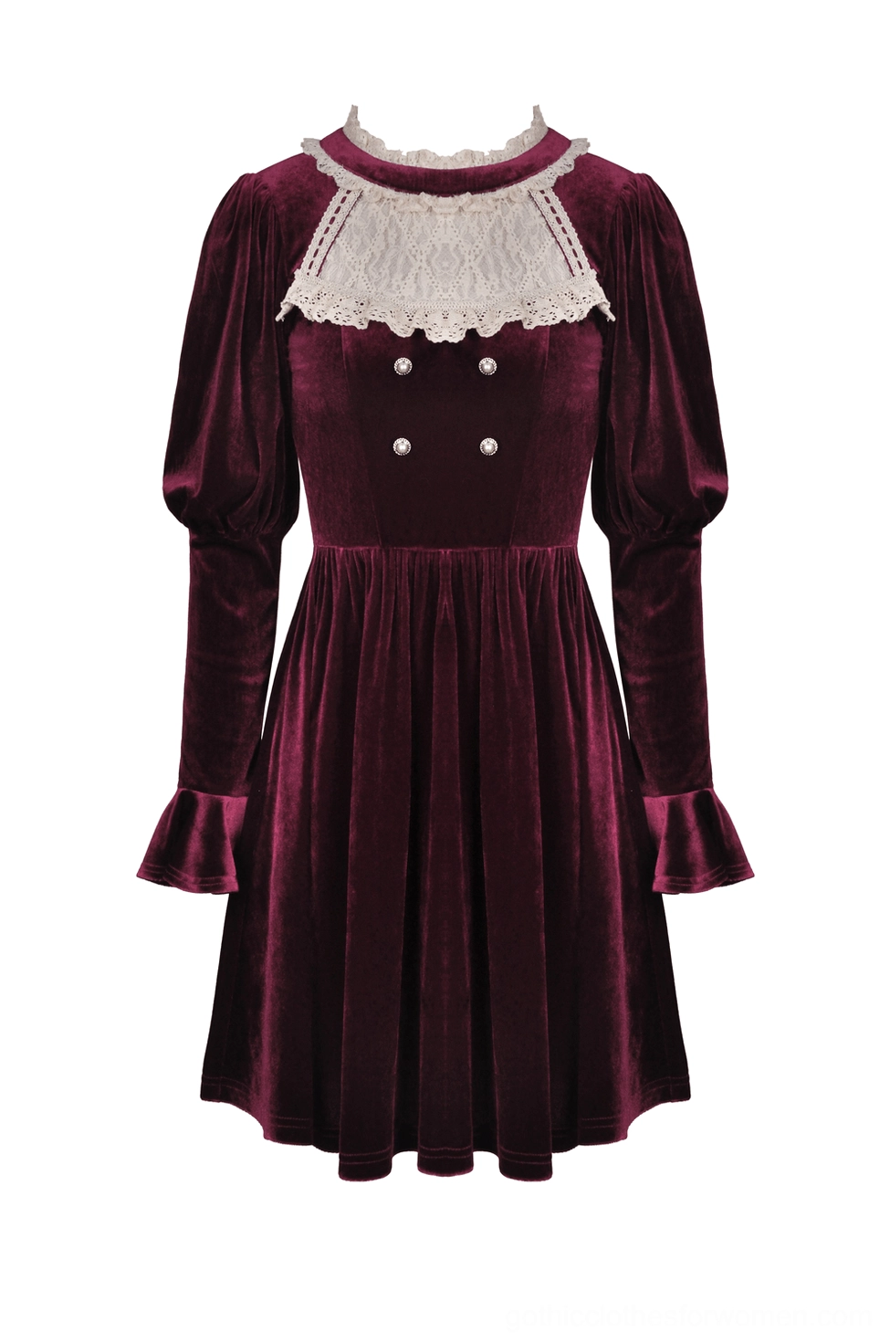 Flat lay front view of burgundy gothic velvet dress showing pearl button details and lace yoke construction