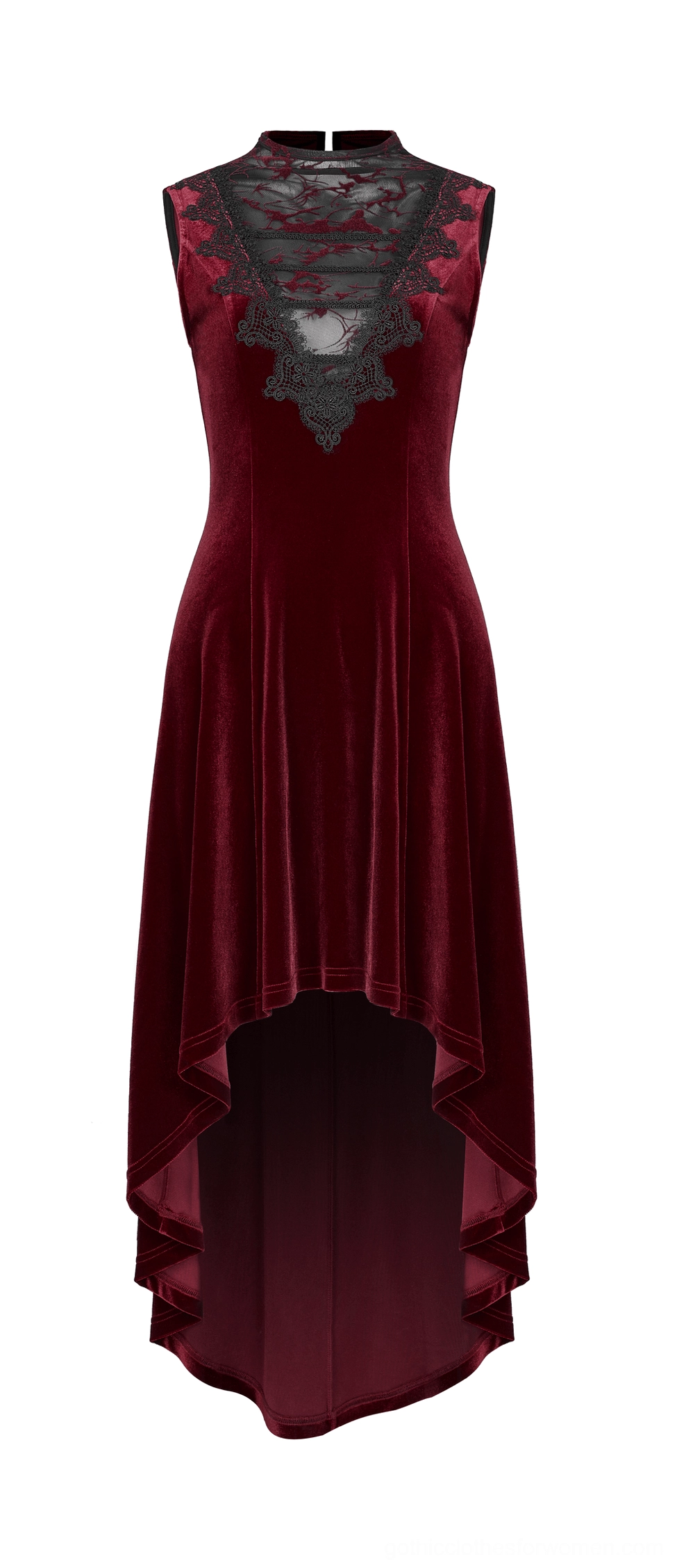 Burgundy velvet gothic dress flat lay showing black lace neck panel, sleeveless design, and high-low hem detail