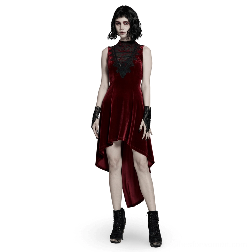 Burgundy velvet gothic high-low dress front view with black lace neckline and corset back, worn by model with short dark hair on white studio background