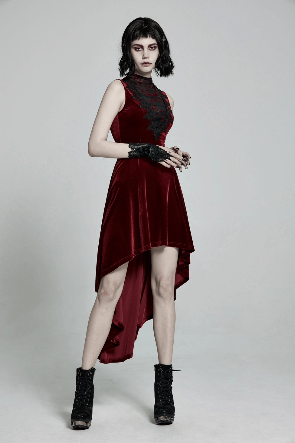 Burgundy velvet gothic high-low dress product photography showing complete silhouette and lace embellishments