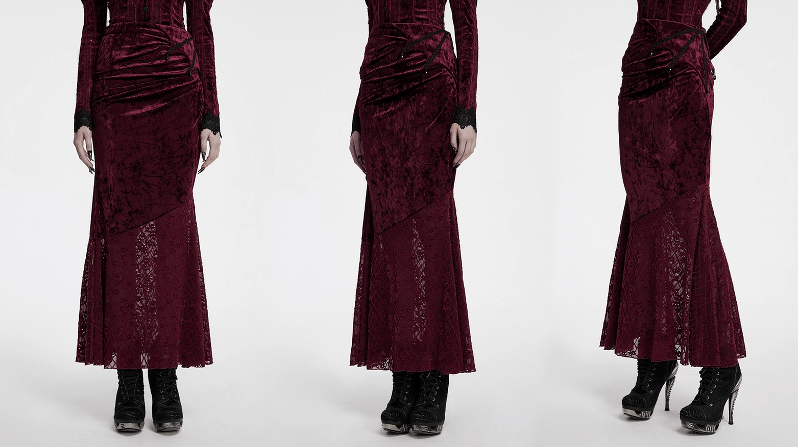Full-length studio view of wine red velvet fishtail gothic skirt displaying complete silhouette and dramatic hem