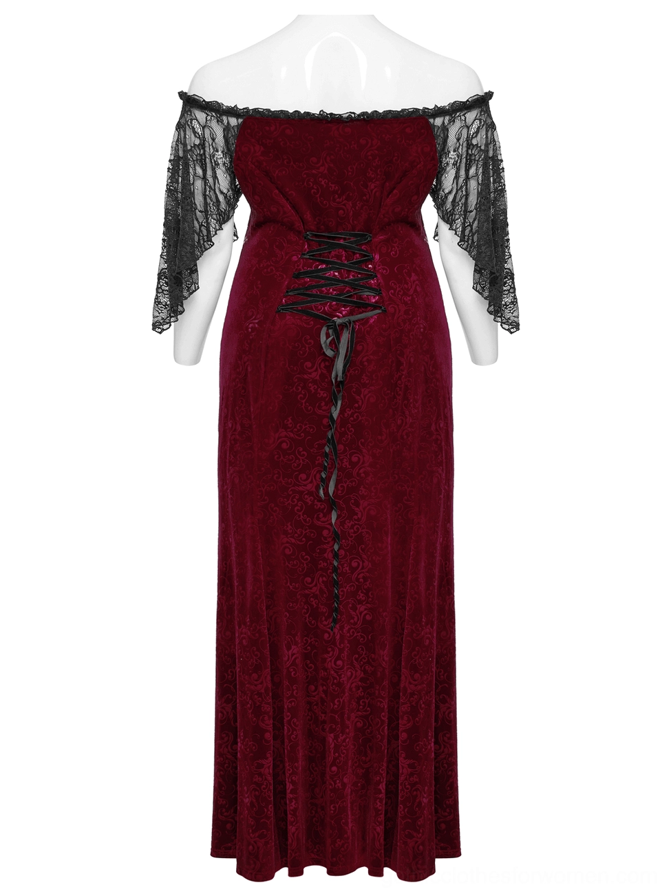 Gothic burgundy velvet gown back detail on mannequin - elegant off-shoulder cut with simple corset lace-up back