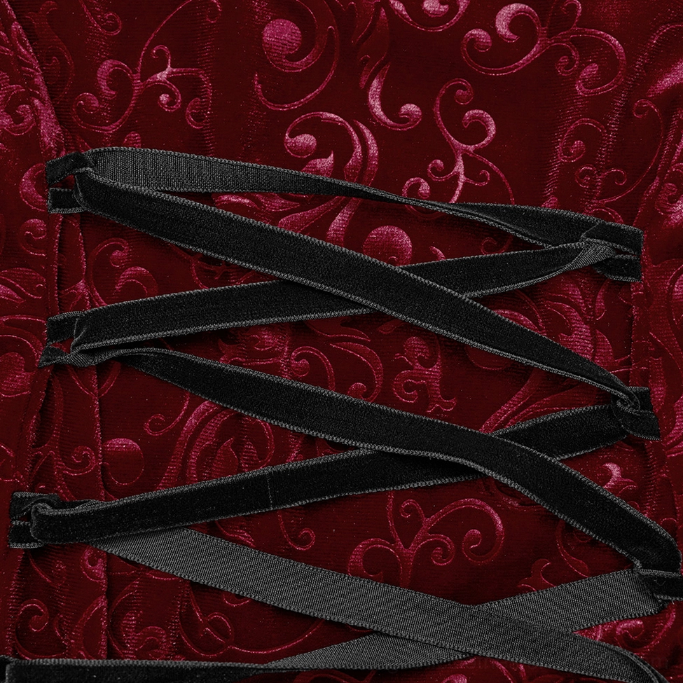 Burgundy velvet off-shoulder gothic gown - full-length floor silhouette with plum blossom eyelet hem details