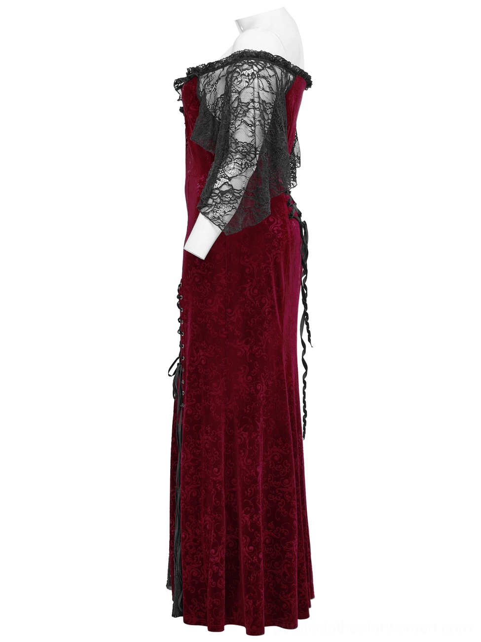 Burgundy gothic gown side view on mannequin - sheer lace flutter sleeves and decorative side lace-up skirt slit