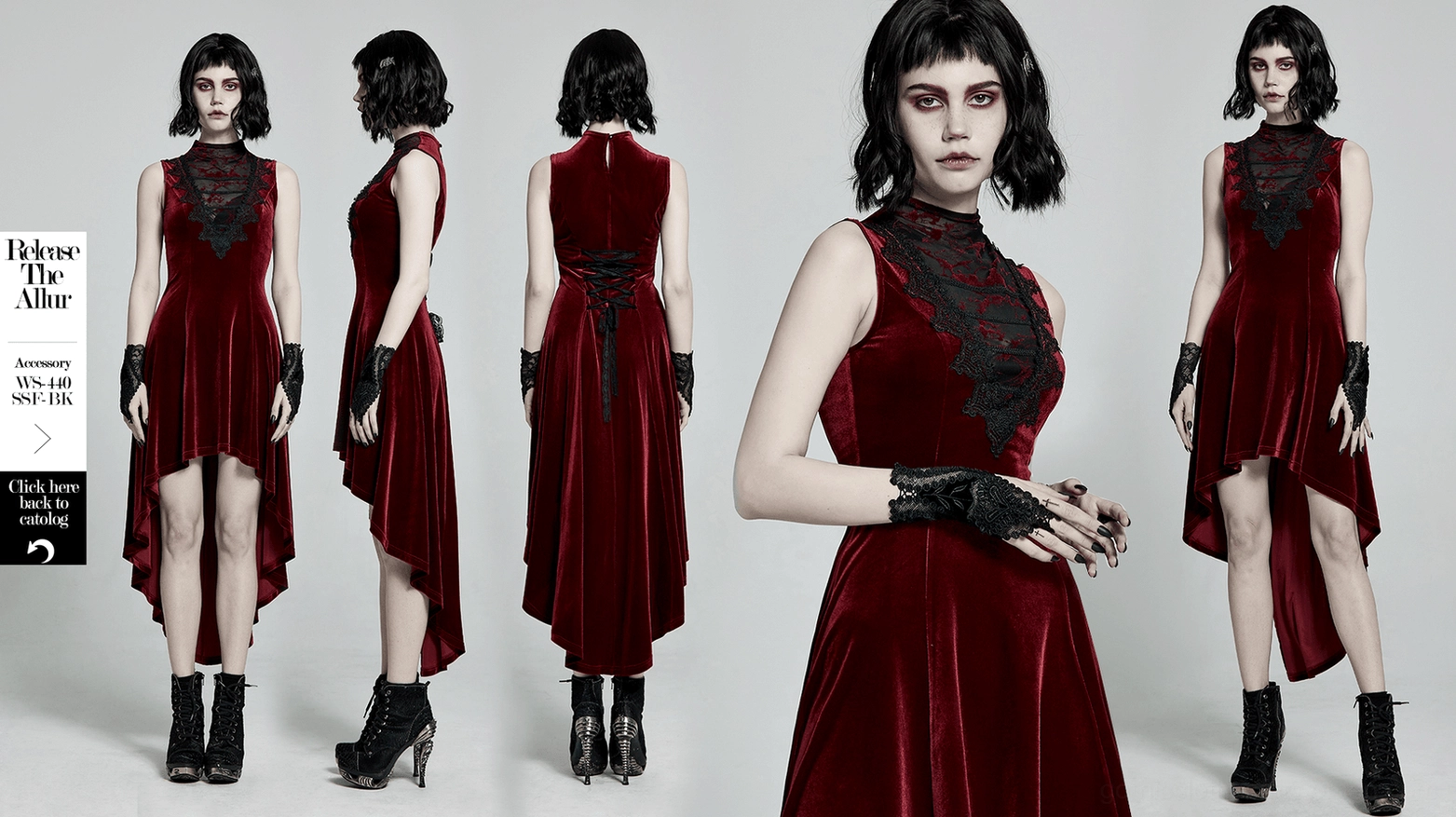 Burgundy velvet gothic high-low dress main product view featuring black lace corset back and asymmetrical hemline