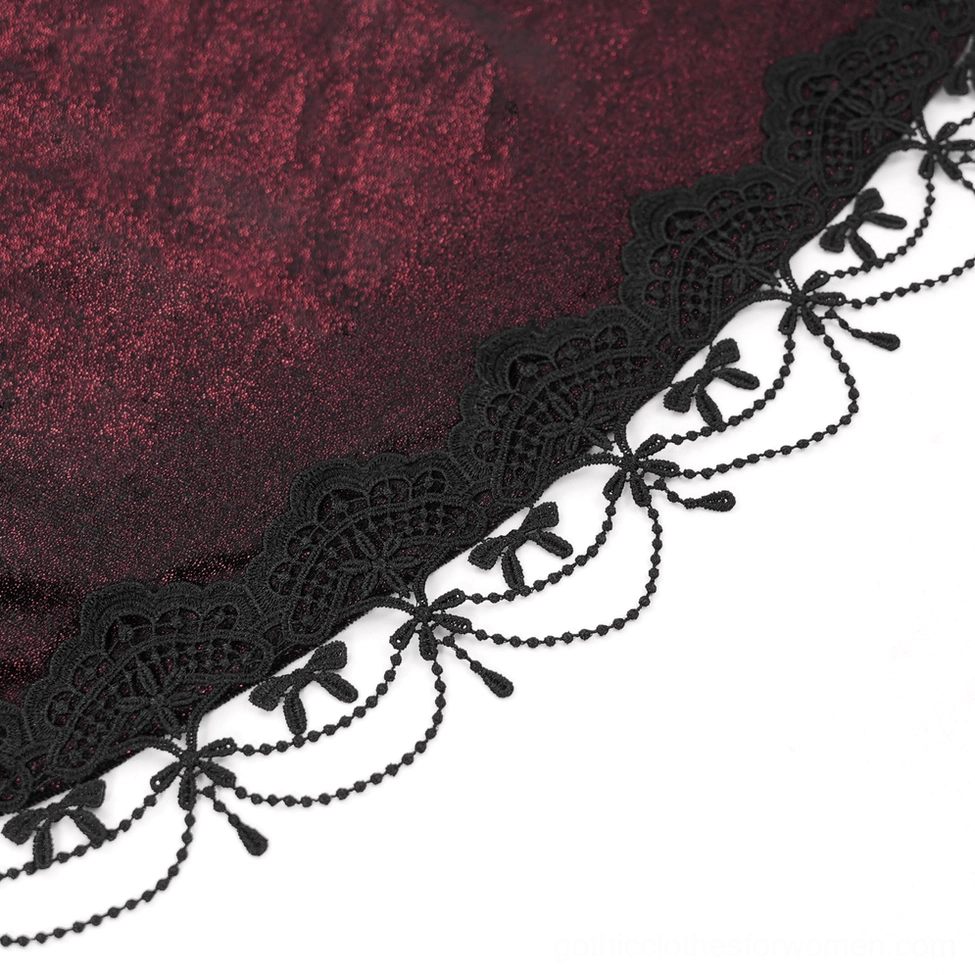 Burgundy gothic hooded velvet maxi coat with intricate black lace sleeves, front-facing mannequin display emphasizing corset construction