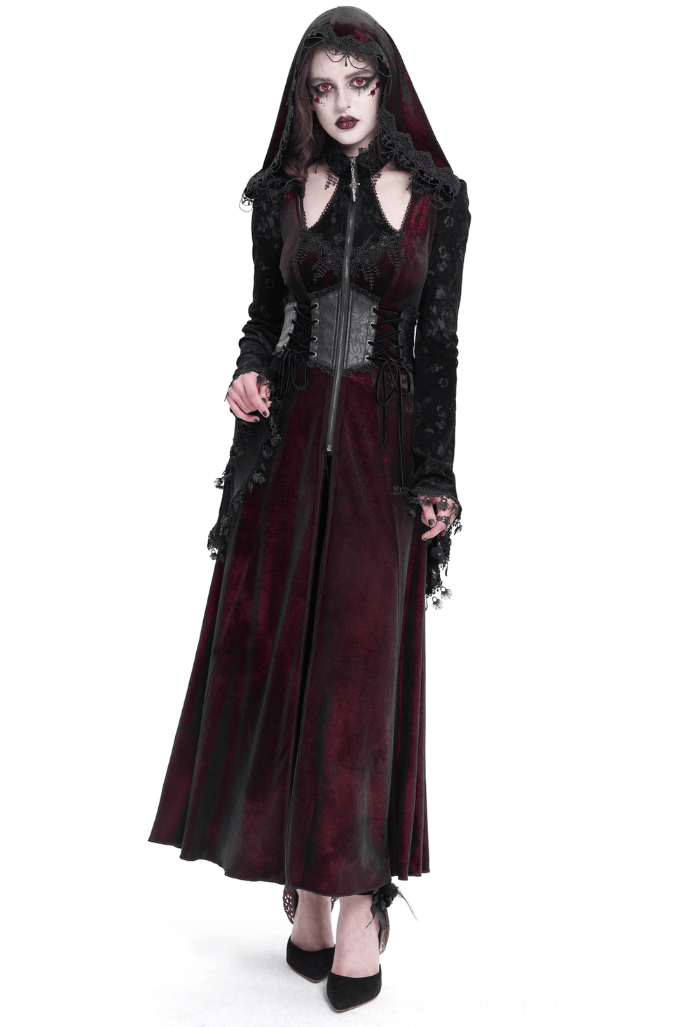 Burgundy velvet gothic hooded maxi coat with black lace sleeves and corset waist, front three-quarter view worn by model