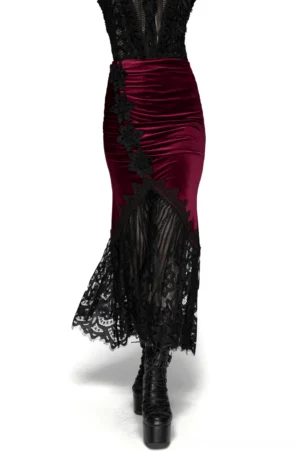 Burgundy velvet gothic mermaid skirt front view with black lace fishtail hem and ruched floral appliqués on model