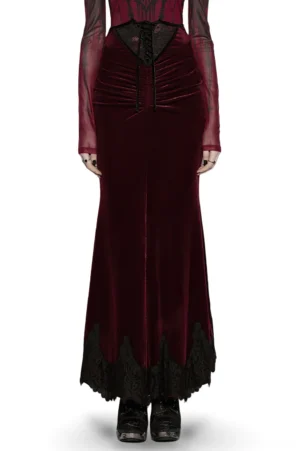 Burgundy velvet gothic mermaid maxi skirt with black lace hem worn by model in front full-body pose on white background