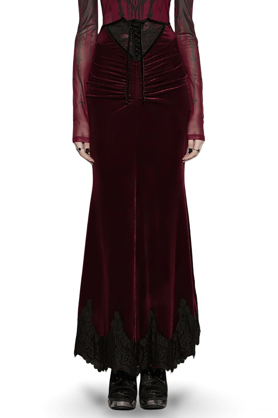 Burgundy velvet gothic mermaid maxi skirt with black lace hem worn by model in front full-body pose on white background
