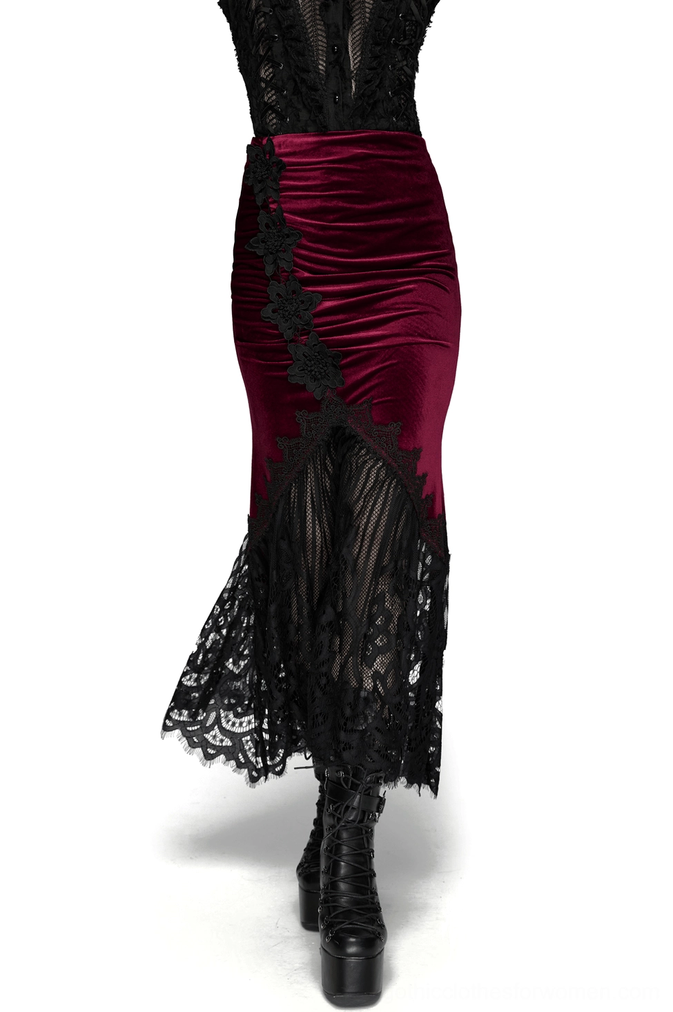 Burgundy velvet gothic mermaid skirt front view with black lace fishtail hem and ruched floral appliqués on model