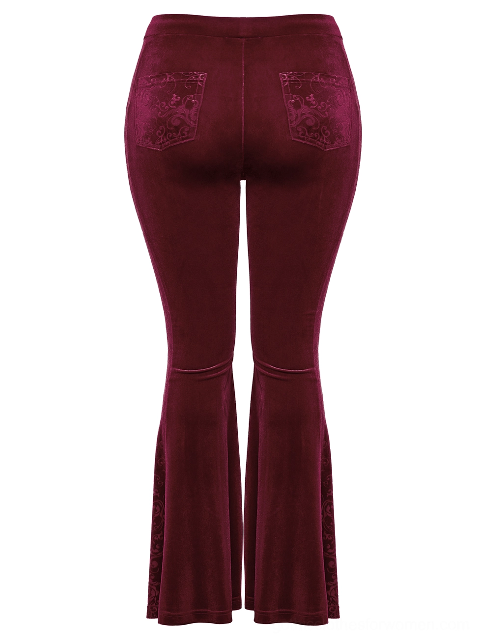 Burgundy velvet gothic pants back flat lay showing embossed scroll pattern pockets and flared leg cut