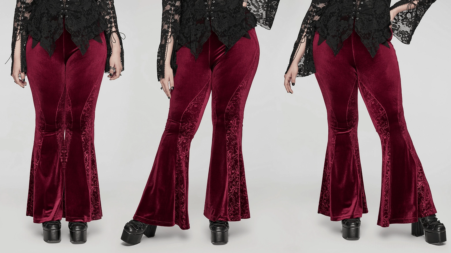 Burgundy velvet gothic pants rear pocket view highlighting embossed ornamental scroll detailing
