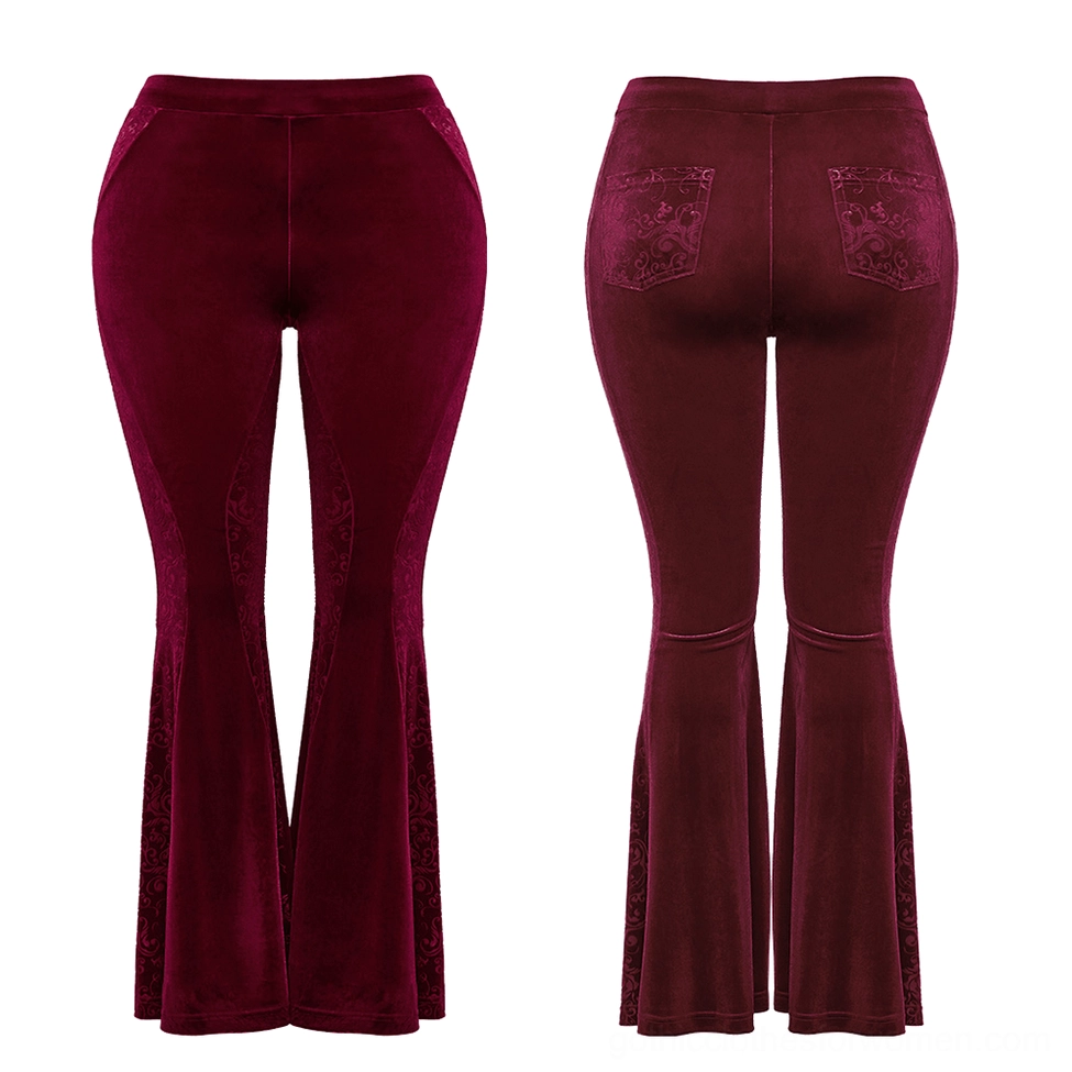 Burgundy velvet flared gothic pants flat lay front and back display showing full silhouette and fitted waistband