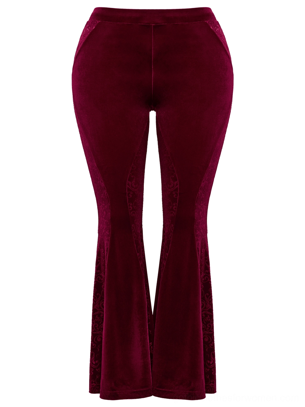 Burgundy velvet gothic pants front flat view with elastic waistband and high-waisted hourglass fit