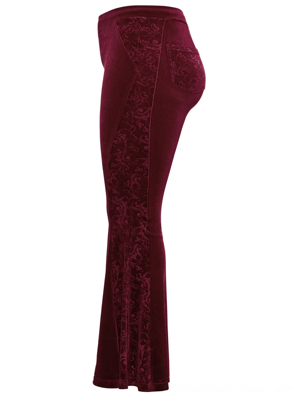 Burgundy velvet flared gothic pants side flat view showing embossed side panels and tailored fit