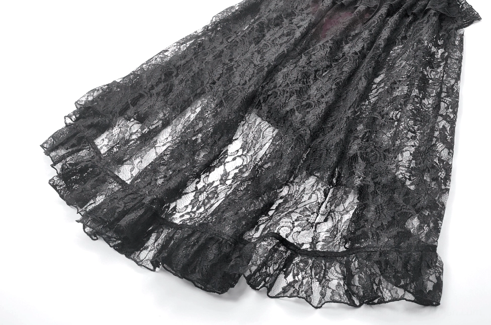 Full product display of burgundy velvet gothic skirt with all design elements visible from front