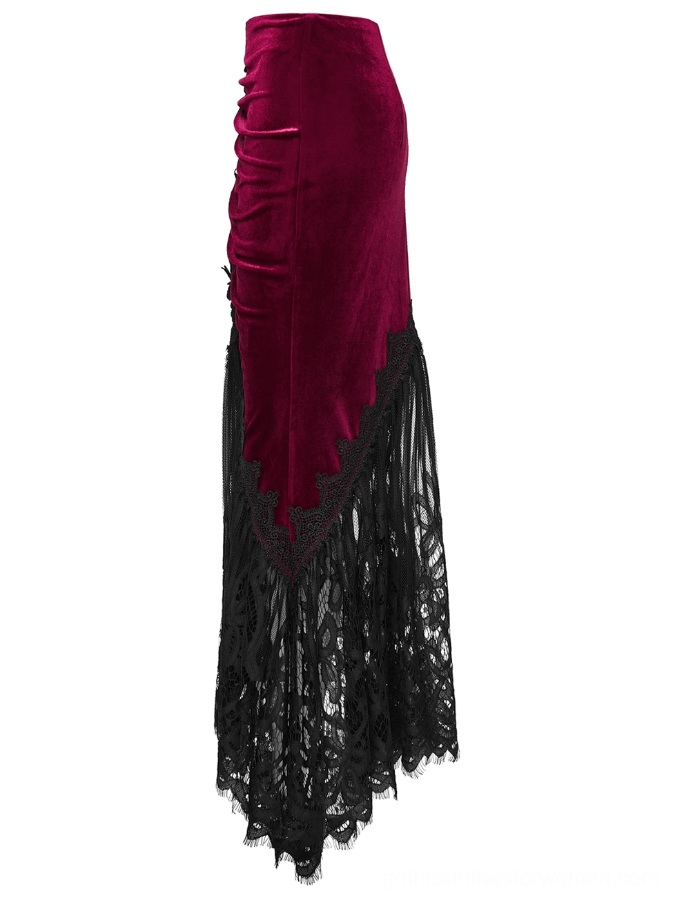 Smooth burgundy velvet side panel of gothic mermaid skirt with lace fishtail hem flat lay