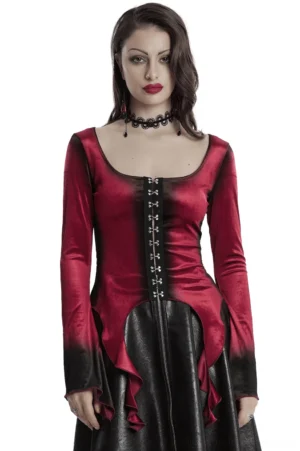 Burgundy velvet gothic long sleeve top with ombre gradient, square neckline, metal buckle details, and asymmetrical hem - front view on model