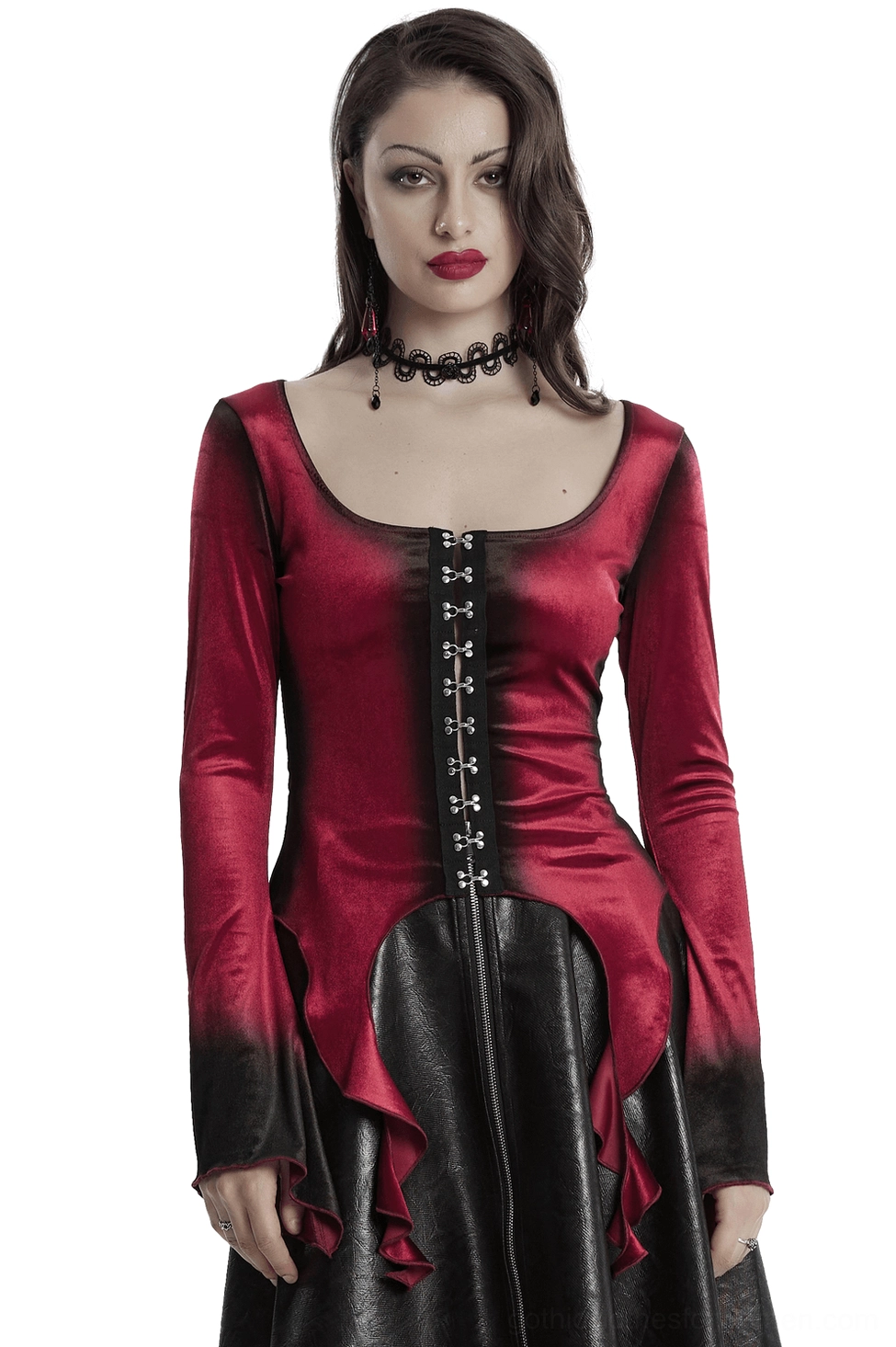 Burgundy velvet gothic long sleeve top with ombre gradient, square neckline, metal buckle details, and asymmetrical hem - front view on model