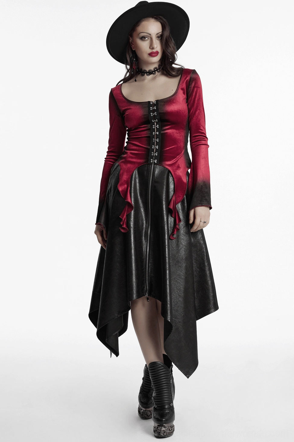 Full length view of burgundy ombre velvet gothic long sleeve top displaying complete silhouette and asymmetrical hem design