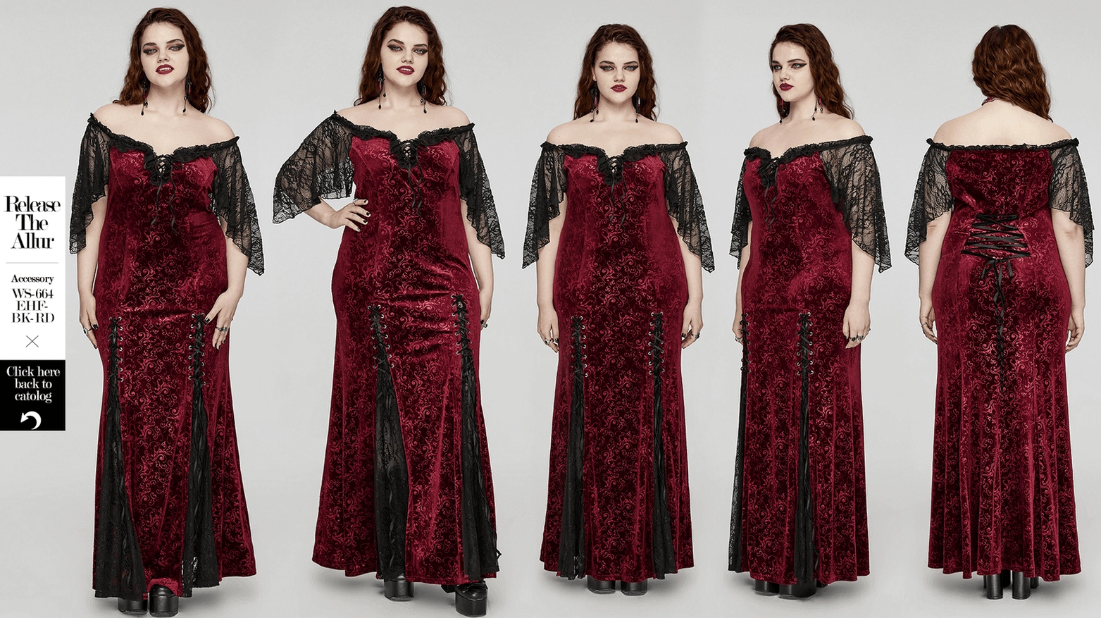Burgundy velvet off-shoulder gown color and texture detail - rich burgundy tone with embossed velvet pile and black lace contrast