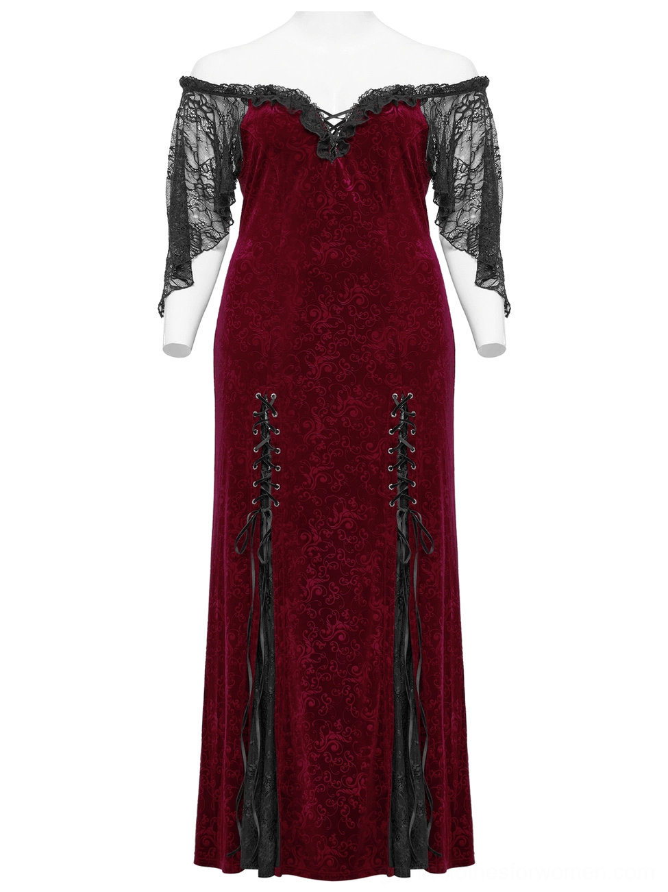 Off-shoulder burgundy velvet gown detail - sweetheart neckline with ruffled lace trim and embossed velvet texture