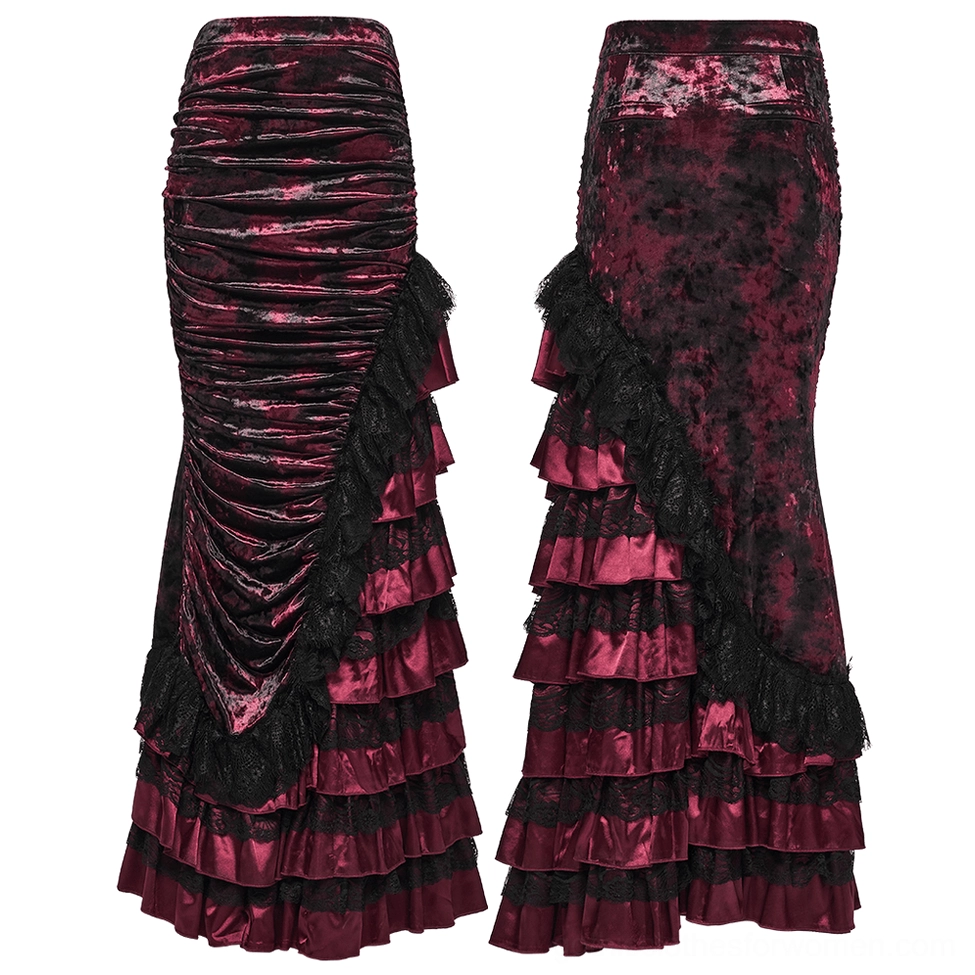 Burgundy velvet mermaid skirt flat lay dual view, showing asymmetrical lace side trim and ruched front details