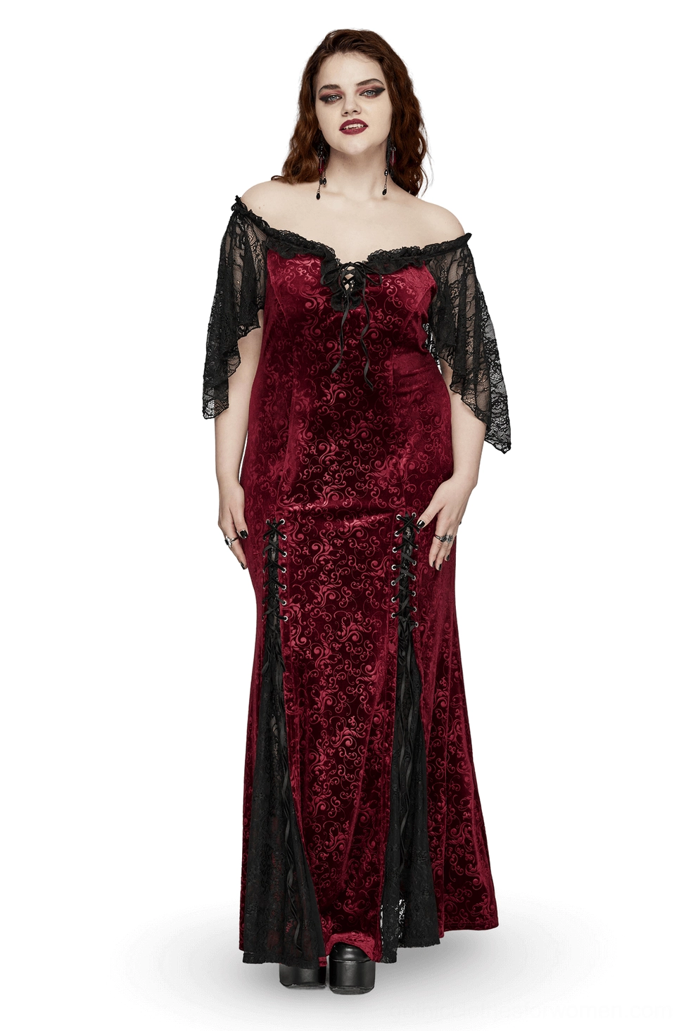 Burgundy velvet off-shoulder gothic gown front view on model - black lace flutter sleeves and embossed velvet corset lace-up back