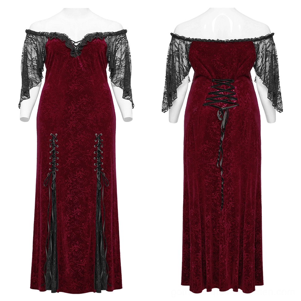 Burgundy velvet off-shoulder gown on mannequin front view - showcasing embossed velvet texture and black lace flutter sleeves