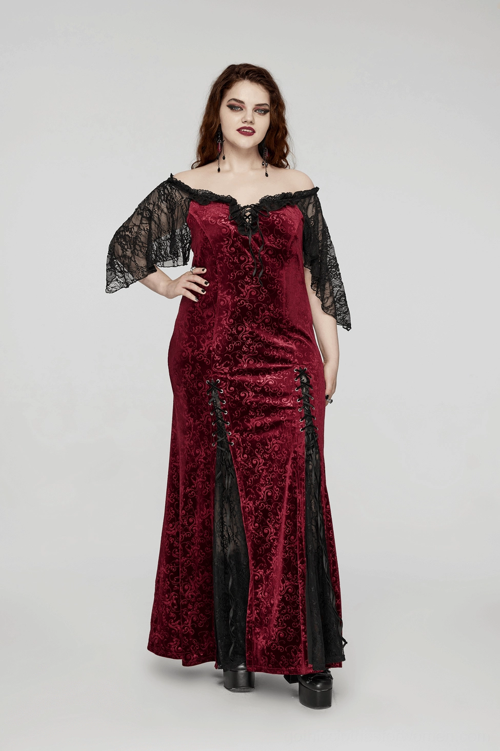 Burgundy velvet off-shoulder gown styling showcase - black lace detailing and alternative fashion aesthetic