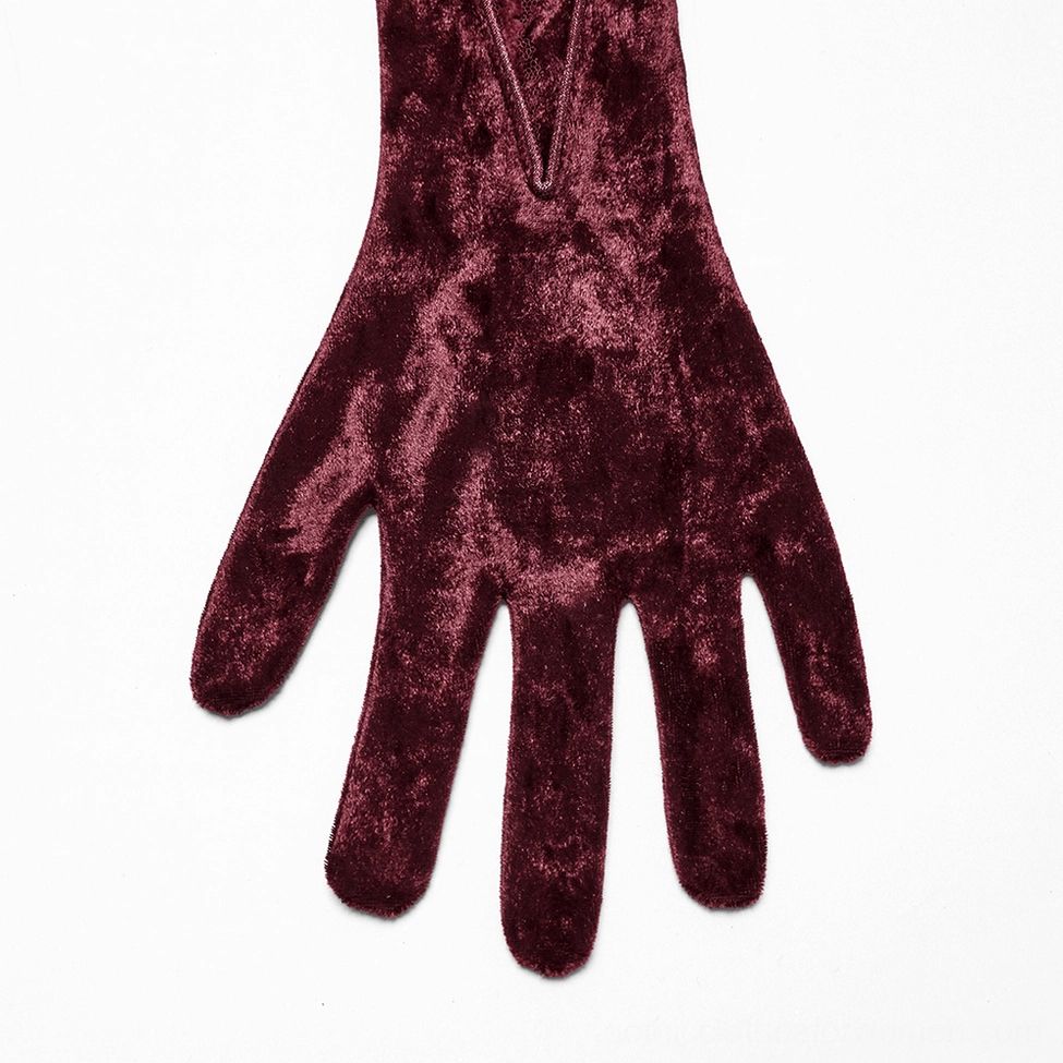 single burgundy velvet full-finger opera glove close-up showing crushed velvet texture on white background
