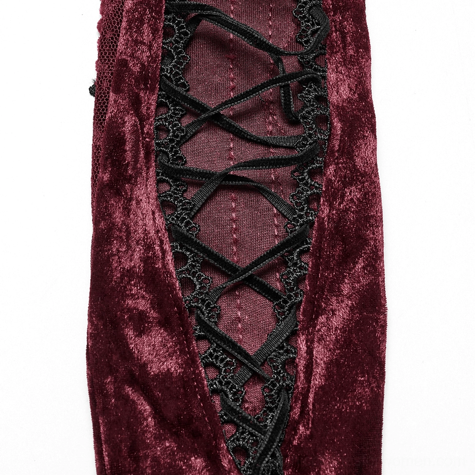 burgundy velvet opera gloves with black cross lace-up strap detail displayed on white background