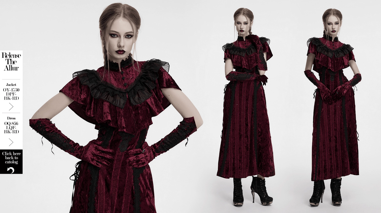 burgundy velvet opera gloves full-length view on model with gothic aesthetic styling and black lace trim