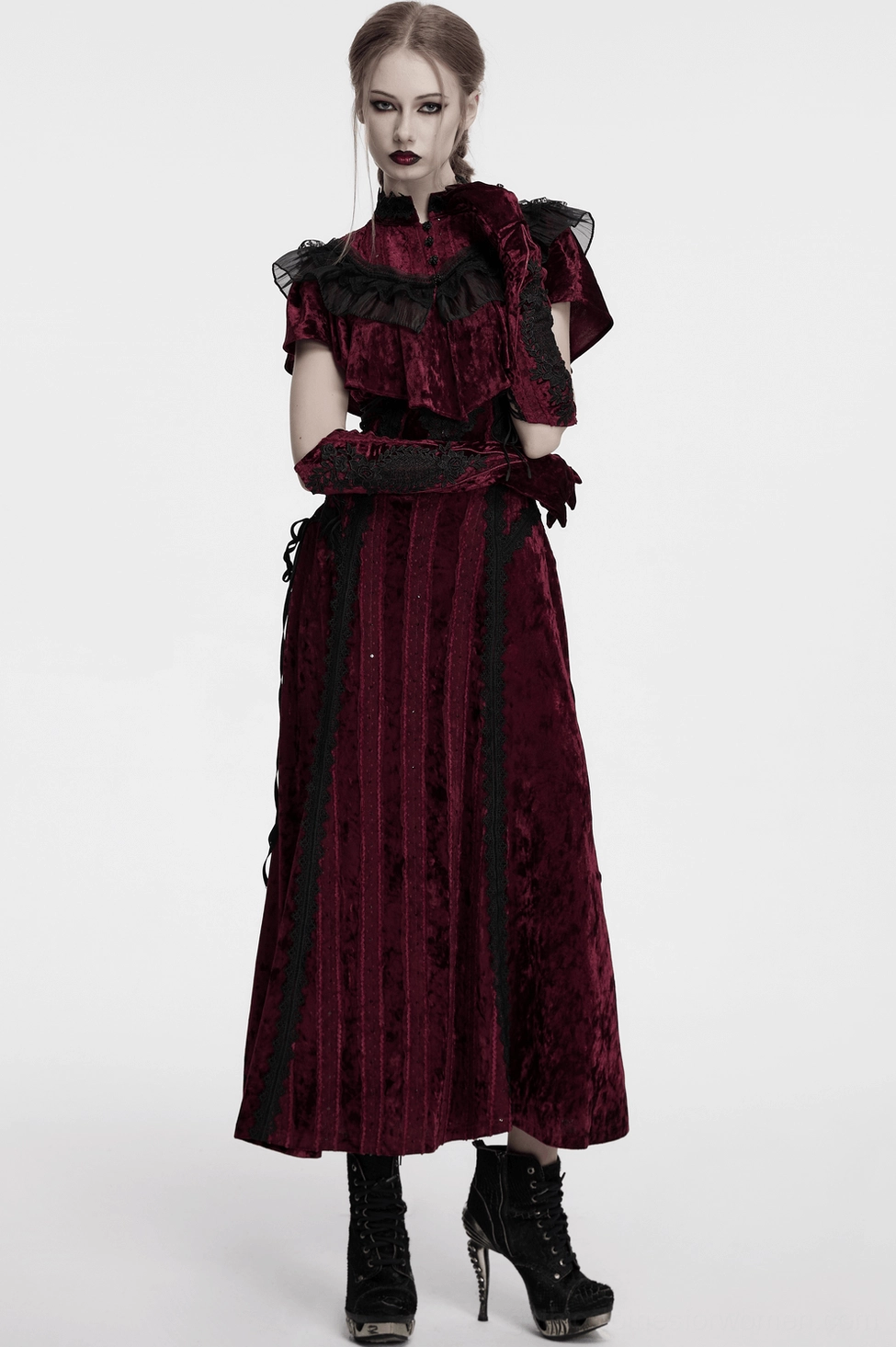 burgundy velvet opera gloves with black lace detail on model wearing matching gothic outfit